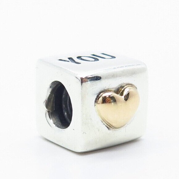 Pandora Sterling Silver "I Love You"Cube Charm with 14K Yellow Gold Heart - Picture 1 of 6